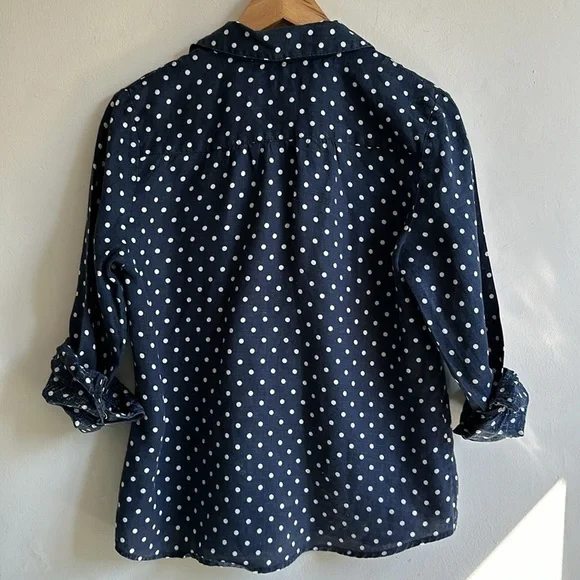 100% Linen navy & white polka dot button down shirt women’s medium petite - Picture 4 of 6